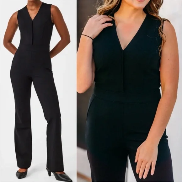 SPANX The Perfect Sleeveless Jumpsuit Ponte Knit Classic Black Flare Wide Leg